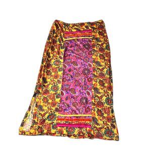 Vintage F.L. Malik Vibrant Patchwork Paisley Maxi Skirt, Velvet Ruffles, Sz. 10